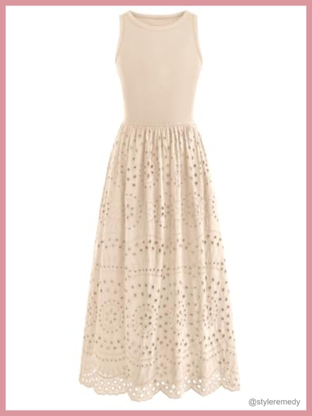 Women Sleeveless Lace Eyelet Cotton Tank Maxi Dress A-Line Fit and Flare
